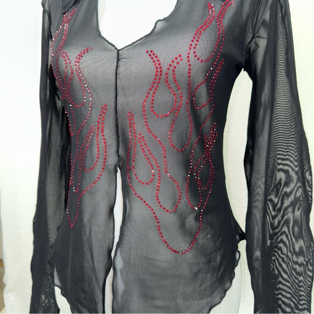 Urban Outfitters Sheer Mesh Rhinestone Flame Top L Y2K Goth Fairy Grunge - Picture 15 of 16